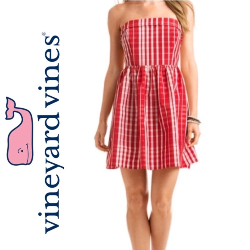 3/$22🩶 Vineyard Vines Strapless Gingham Dress Red Wht Check Plaid Silk Blend 00